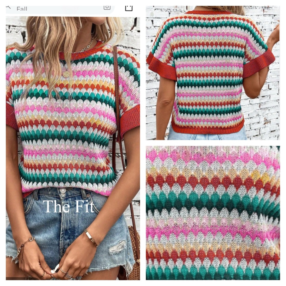 Retro Rainbow Knit Sweater Top – Multicolor Short Sleeve | Sizes M & L